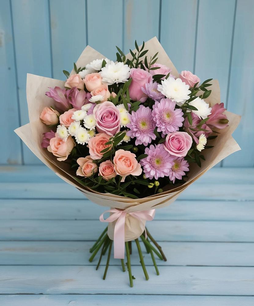 Букет цветов из: Хризантемы, Розы и Альстромерии в Пограничный