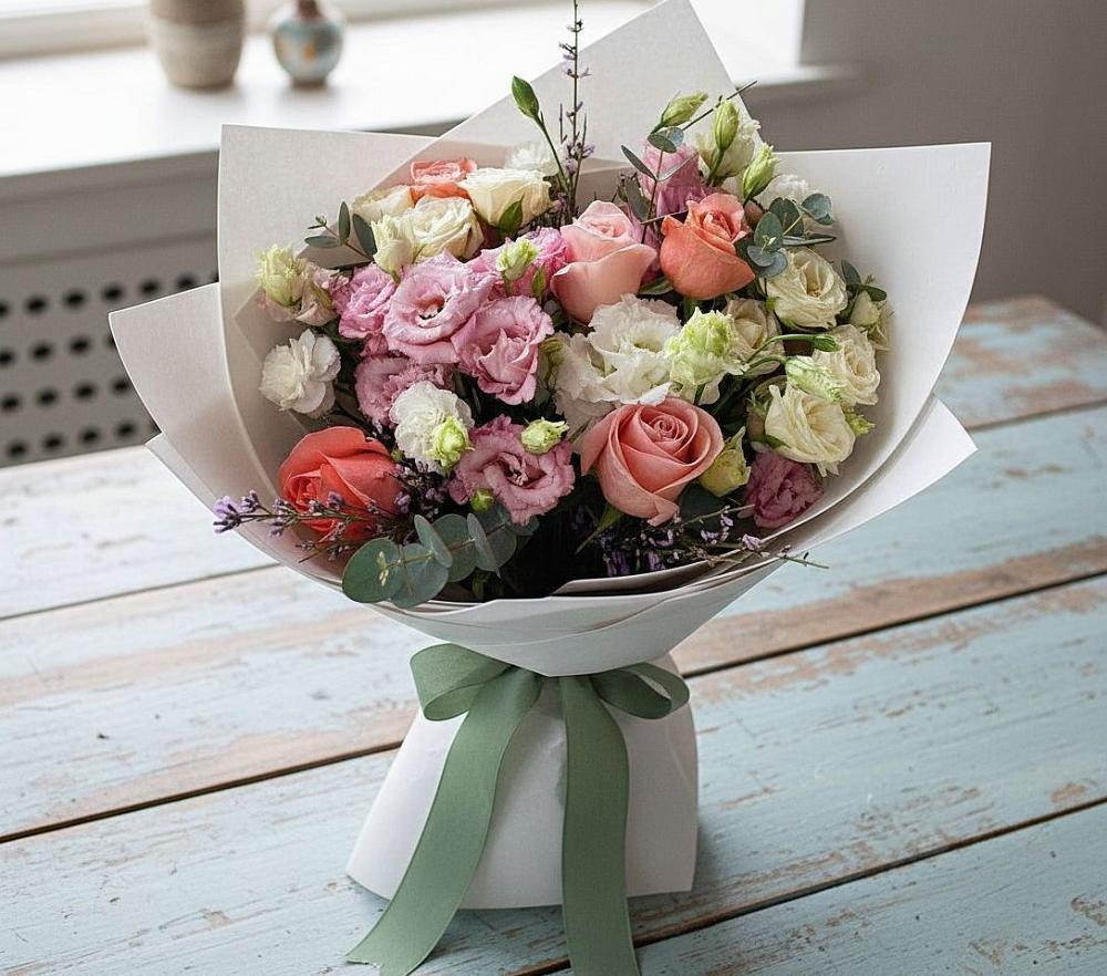 Букет цветов из: Розы, Лизиантусы и Гвоздики в Пограничный