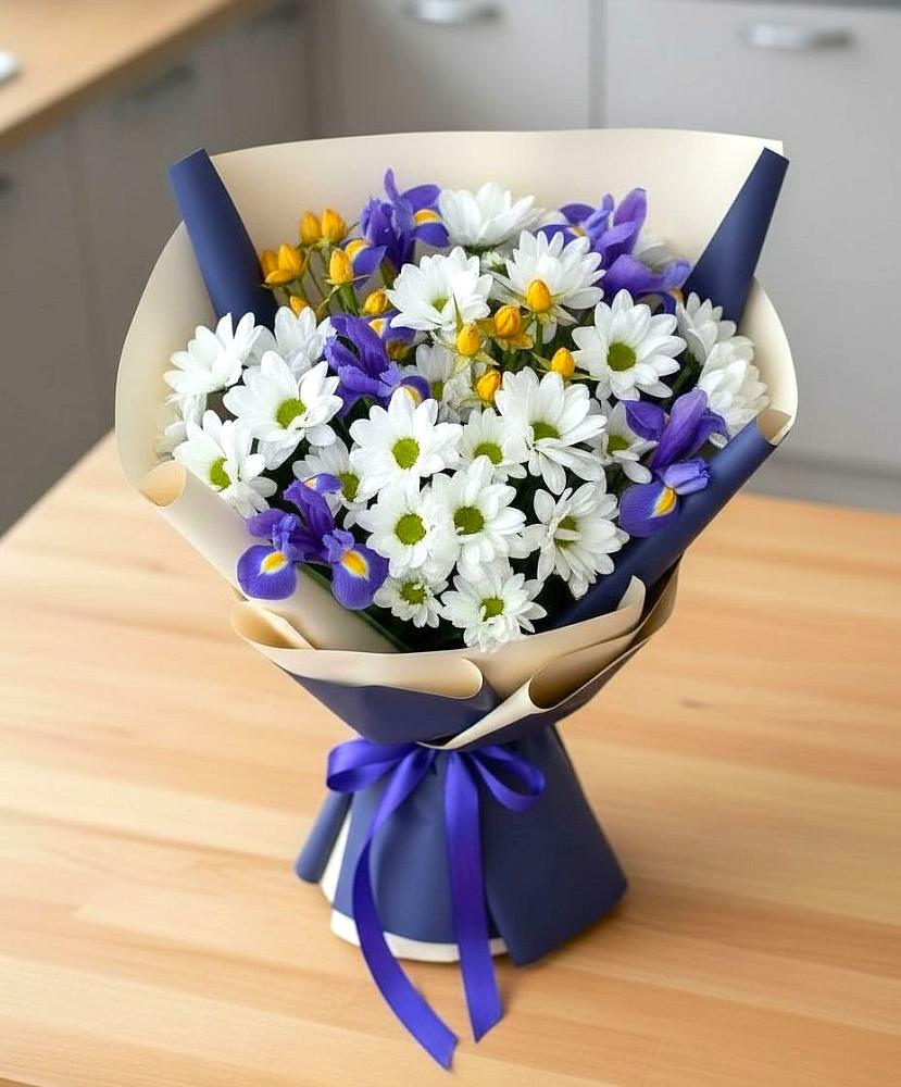 Букет цветов из: Розы, Ирисы и Хризантемы в Пограничный