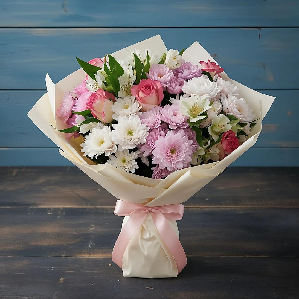 Букет цветов из: Хризантемы, Альстромерии и Розы в Пограничный